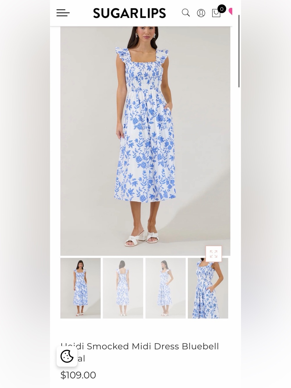 Sugarlips White and Blue Floral Smocked Midi Dress NWT